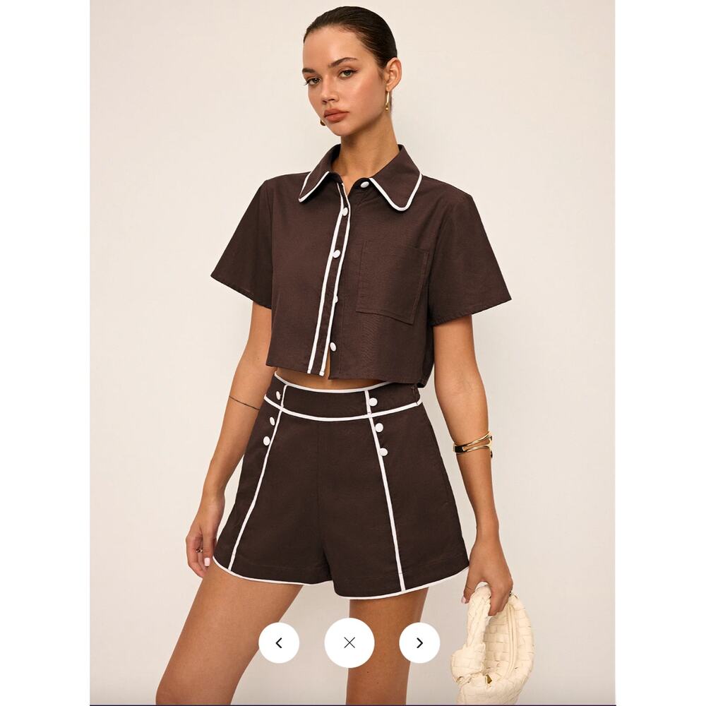 Commense Contrast Piping Crop Shirt and Shorts Set Sz S